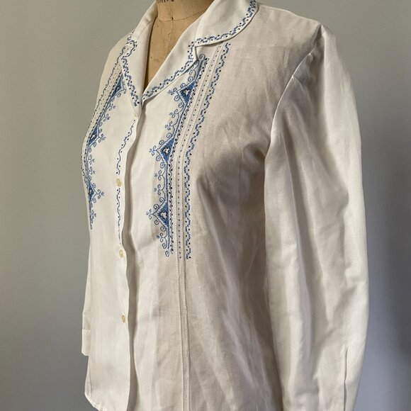 60s 70s Greek Boho Light Cotton Blend Embroider Needlepoint Button Up Blouse Med - Picture 7 of 13